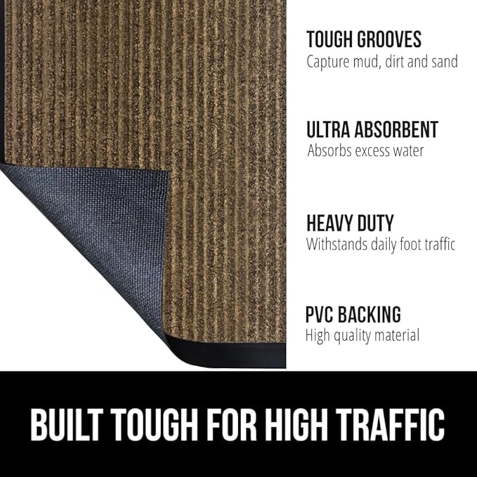 GORILLA GRIP Traffic Guard Door Mat, 2 Pack, Heavy Duty Waterproof Doormat, Commercial Office Space Welcome Mats, Stain and Fade Resistant, Low Profile, Strong Rubber Backing, 29x17, Brown