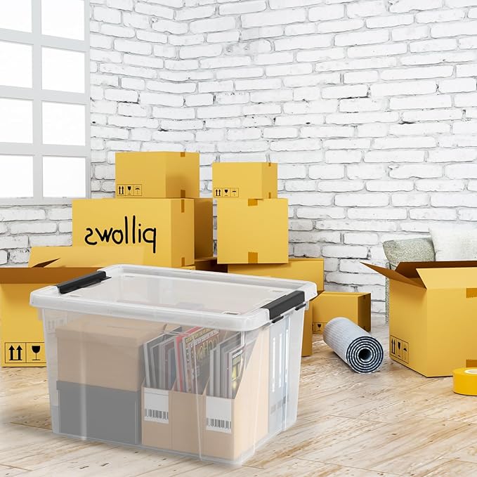Set of 4 50 L Stackable Plastic Storage Container with Latching Lids and Wheels, Clear Home Garage Organization Bins Box, See-Through