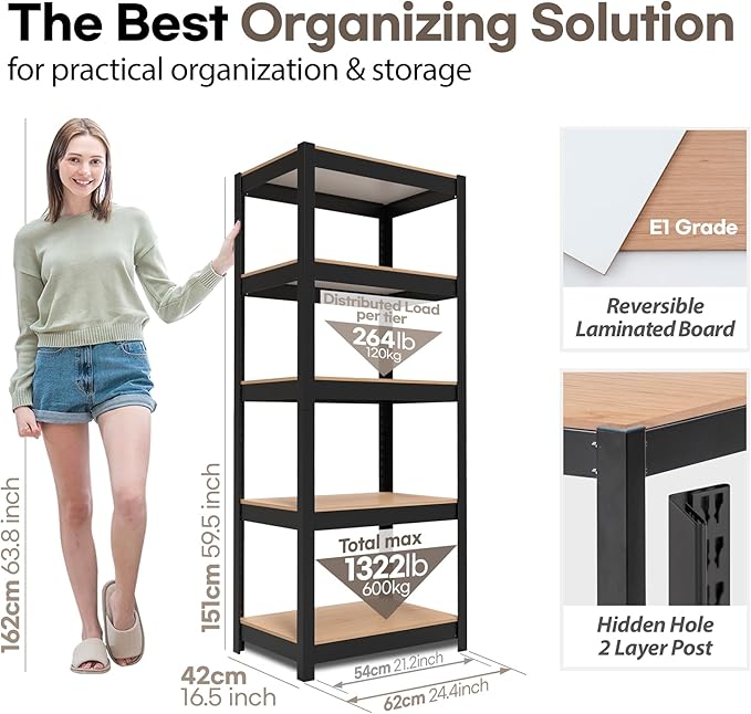 HOMEDANT House Black 5 Tier 24.4" W Laminated Metal Shelving Unit Adjustable Storage Utility Rack Heavy Duty Shelves Organization Multipurpose Shelf Kitchen Garage Pantry Closet 1 Pack