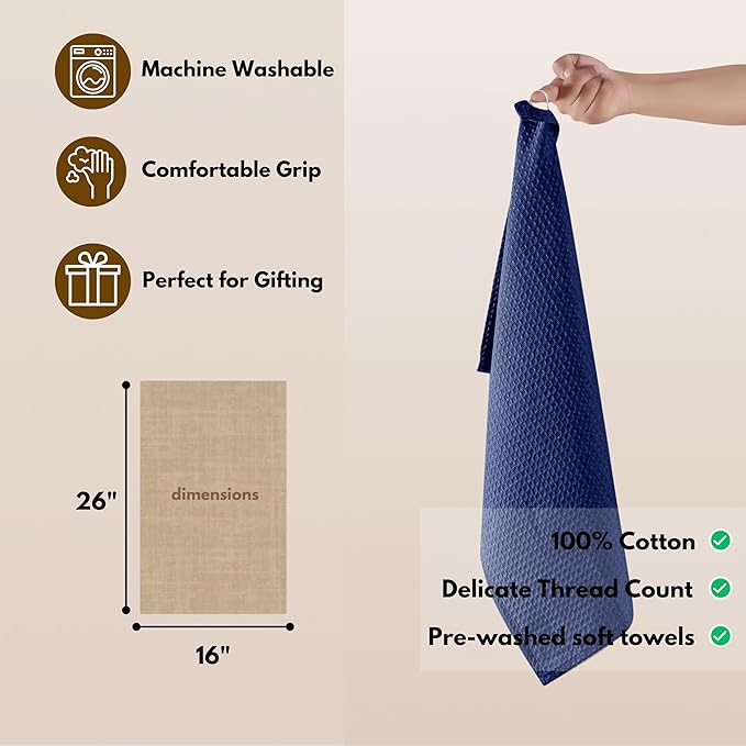 Native Fab Waffle Kitchen Towels 4 Pack - Super Absorbent 100% Cotton Dish Towel for Cleaning, Drying, Cooking - Durable, Soft Kitchen Essentials for Home Use, 16x26 inches - Ink Blue