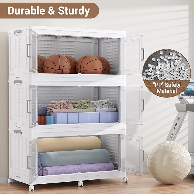 BROVIEW 69.3"H 200Gal Plastic Storage Bins with Lid & Wheels,4Pack Extra Large Stackable Storage Bins with Dividers,Closet Organizers and Storage Cabinet Collapsible Box Shelves for Home Kitchen,White