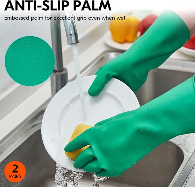 Vgo... 2-Pairs Reusable Household Gloves, Rubber Dishwashing gloves, Extra Thickness, Long Sleeves, Kitchen Cleaning, Working, Painting, Gardening, Pet Care (Size M, Green, HH4601)