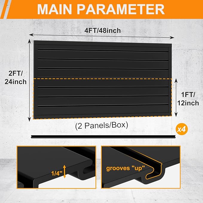 DoCred Slatwall Paneling Organizer, 4x2 FT PVC Garage Slat Wall Storage Systems, Heavy Duty Mounted Slat Peg Board for Tool Organization Ladder Bike Includes 27 PCS Hooks Accessories Kit (Black)