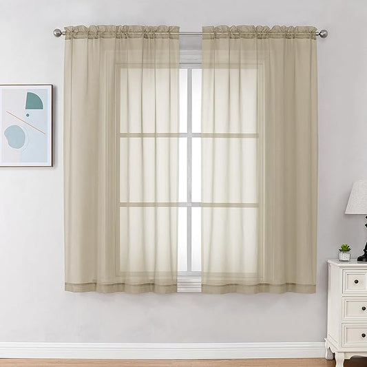 Chyhomenyc Taupe Sheer Curtains 45 Inch Long 2 Panels, Light Filtering Rod Pocket Voile Short Curtains Drapes for Living Room Bedroom Small Windows, 42Wx45L Inches