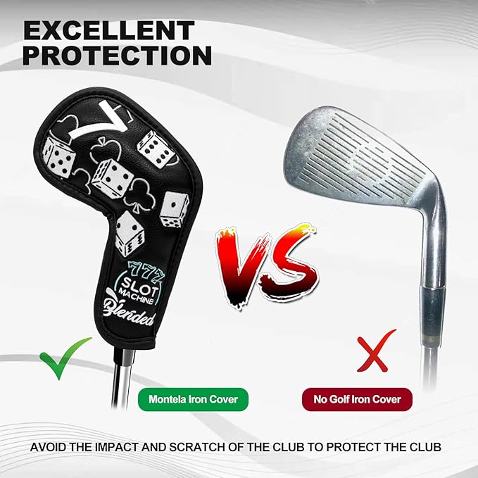 Golf Iron Covers Lucky 777 Golf Iron Headcover 10pcs Synthetic Leather Golf Clubs Iron Covers for Golf Clubs Head Covers for Irons with Magic Tape Fit All Brands