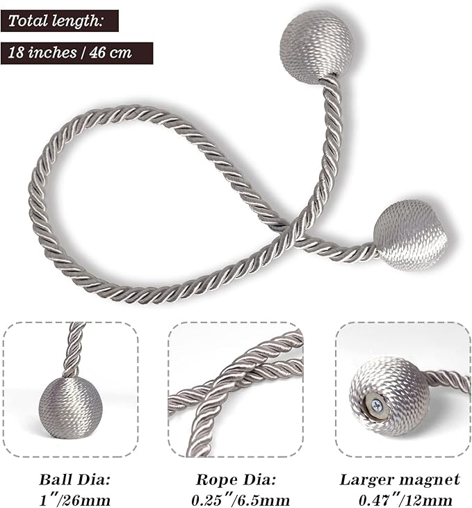 Hion Magnetic Curtain Tiebacks Grey 2pcs, Curtain Tiebacks Buckles Holdbacks Holders Hooks Clip for Home Bedroom Office Decorative Curtain