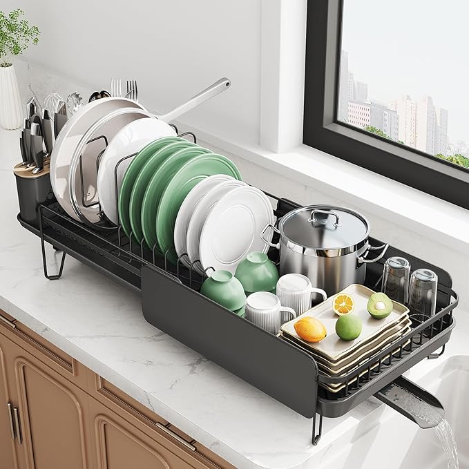 Large Dish Drying Rack - Expandable (19.3" to 29.4") Dish Rack for Kitchen Counter, Stainless Steel Dish Drainer with Utensil Holder, Pan Holder & Pot Lid Holder, Black