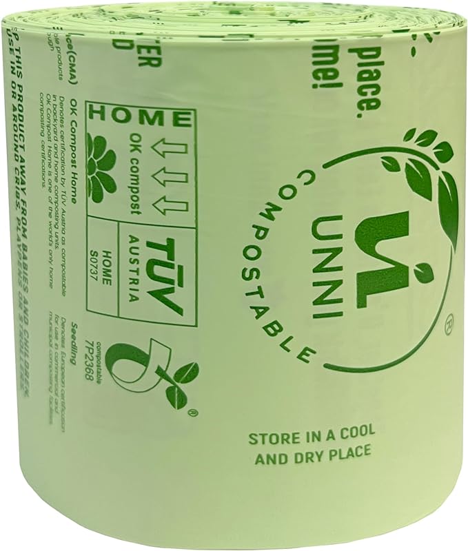 UNNI Compostable Trash Bags, 8 Gallon / 30 Liter, 100 Count, Extra Thick 0.85 mil Medium Kitchen Food Scrap Bin Liners, Certified by BPI, CMA & OK compost HOME, Meets the ASTM D6400 Standard
