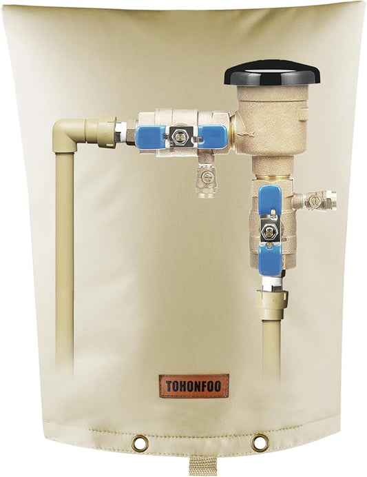 TOHONFOO Backflow Preventer Pipe Insulation Cover (5°F) - Irrigation Sprinkler Valve Insulated Pouch - Water Well Pump Cover - Sturdy 5 Layers for Winter Freeze Protection, 16" W x 20" H, Beige