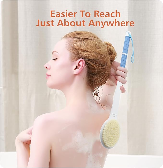 Shower Brush with Soft and Stiff Bristles,20.5" Extra Long Handle Dual-Sided Back Scrubber Bath Brush Body Exfoliator for Wet or Dry Brushing (Grey)(Super Long Handle)