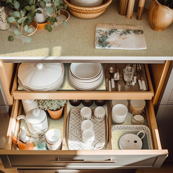 Shelf Liner Non Adhesive 18 Inch x 40 Feet Beige Kitchen Drawer Liner, Waterproof Shelf Liner Durable Anti-Slip