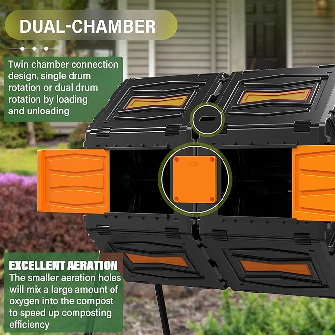 Compost Bin Outdoor, 45 Gallon / 170L Composter Tumbler, 360° Rotating Compost Bin Outdoor, BPA-Free Fast-Working All-Season Heavy-Duty Dual Chamber Compost Tumbler for Garden Kitchen Yard Waste