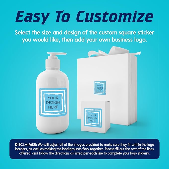 100 Custom Vinyl Stickers - Upload Your own Image, Text, Design, Logo - Personalized Logo Labels for Handmade, Packaging, Bottle, Jars, Candle, Brand Stickers (Blue Swirls, 2x2 Square)