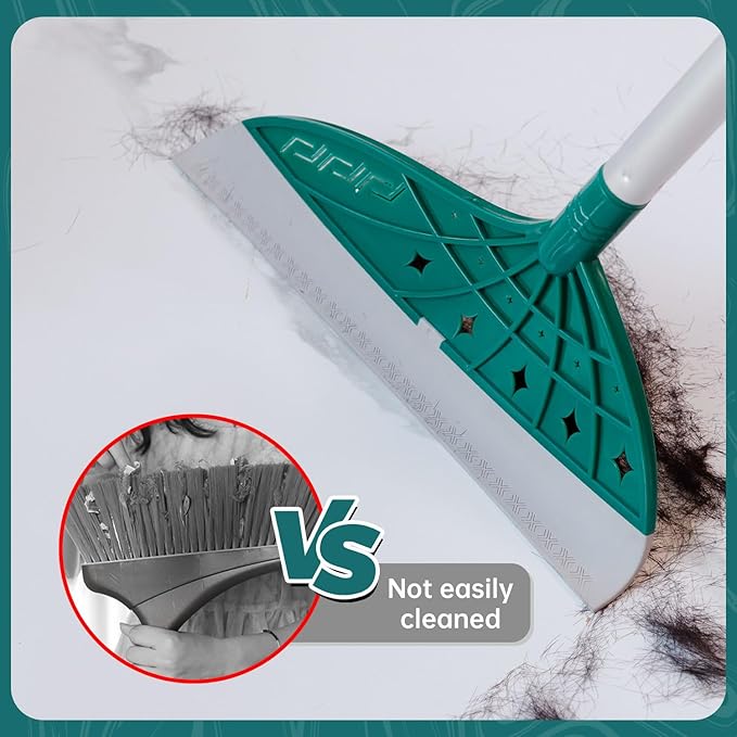 Magic Air Broom Rubber Floor Squeegee for Glass and Floors with Long Aluminum Adjustable Handles,60inch Silicone Squeegee Broom or Pet Hair, Dust and Liquids (Green)