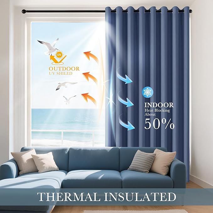 PONY DANCE Stone Blue Bedroom Curtains for Windows - Blackout Drapes 60-inch Length, Blue Haze Drapes with Grommet Top, Thermal Insulated Panels Light Block for Living Room, 42-inch Wide, 2 Panels