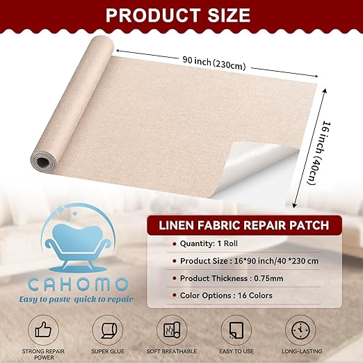 Linen Repair Tape 16x90 inch, Self Adhesive Fabric Patches, Linen Patch Tape Kit, Fabric Repair Tape for Couch Sofas, Headboards, Chairs, Pillows, Curtains, Couches - Black