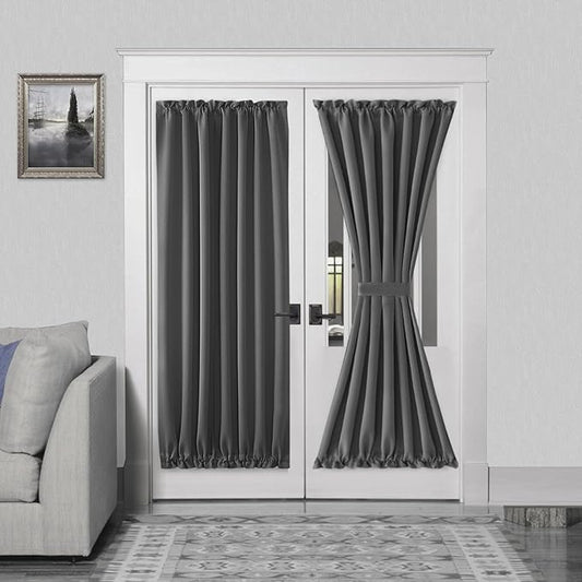 DWCN French Door Curtains – Rod Pocket Thermal Blackout Curtain for Doors with Glass Window, Kitchen and Patio Doors for Privacy, 54 X 72 Inches Long, 1 Curtain Panel with Tieback, Dark Grey