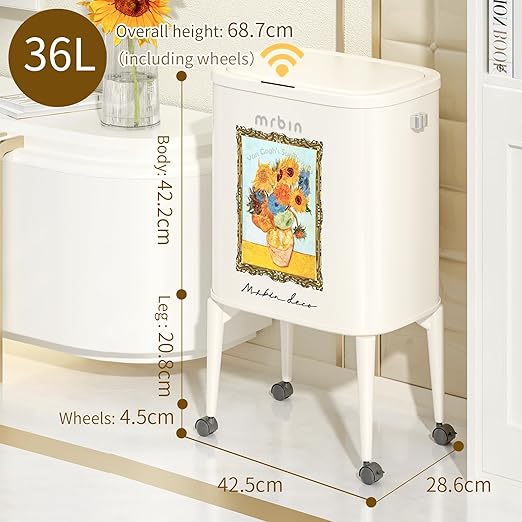 MRBIN Metal Motion Sensor Kitchen Trash Can with Wheel Legs, 36L / 9.5gal Medium Press Lid Slim Waste Basket, Pet Proof Tall Narrow Garbage Pail for Vanity, Bedroom, Bathroom, Living Room, Sunflower