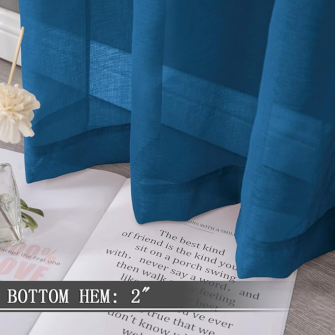 Tollpiz Short Sheer Curtains Linen Textured Bedroom Curtain Sheers Light Filtering Rod Pocket Voile Curtains for Living Room, 54 x 45 inches Long, Classic Blue, Set of 2 Panels