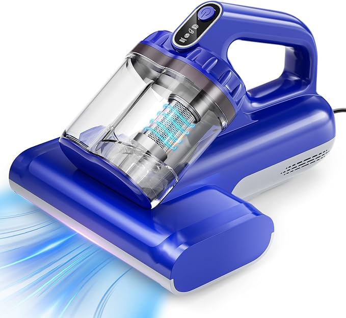 Mattress Vacuum Cleaner, 17Kpa 650W Bed Vacuum Cleaner, 273nm UV-C Light & Ultrasonic 145°F Heating, 80000 RPM/Min Brushroll Rotation, Wide Suction Port for Pillows Cribs Sofa, Blue Corded