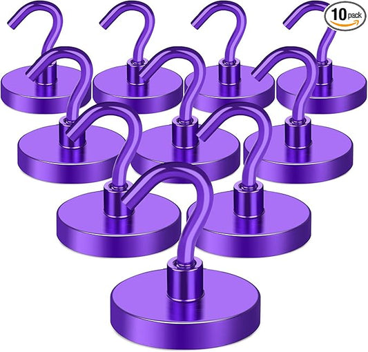 MIKEDE Magnetic Hooks,150LB Heavy Duty Magnets with Hook for Fridge, Strong Magnet Neodymium Industrial Hooks Hanging, Hanger Toolbox, Cruise(Purple, 10 Pack)