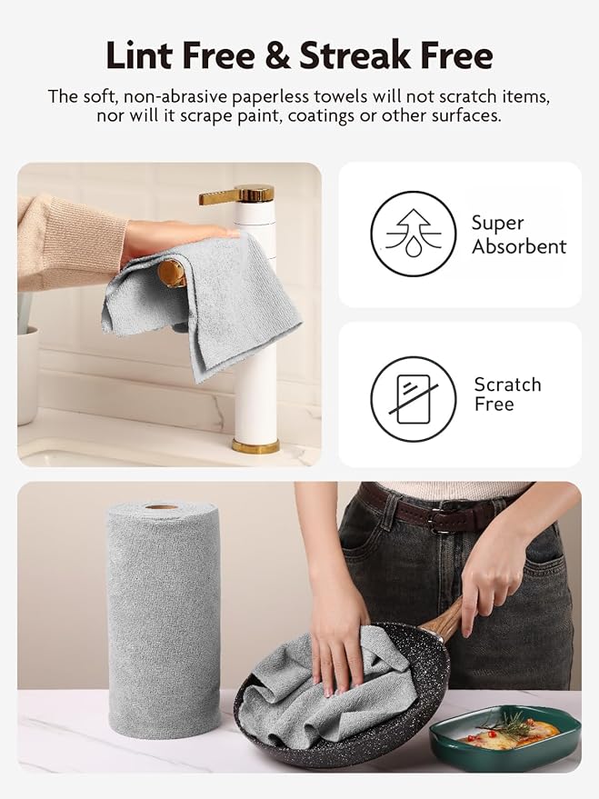 Fantasticlean Microfiber Cleaning Cloth Roll -90 Pack, Tear Away Microfiber Towels, 12" x 12", Reusable, Washable, Scratch Free, Ultra Absorbent Dishcloth for Car, Home Supplies, Pet, Kitchen (Grey)