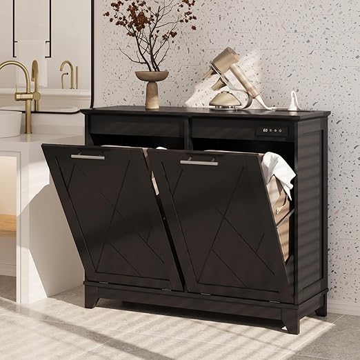 Double Tilt Out Trash Can Cabinet, 10 * 2 Gallon Garbage Trash Bin with Charging Station and Deodorizing Function, Dog-Proof Storage Cabinet for Hidden Bathroom Laundry Hamper, Black
