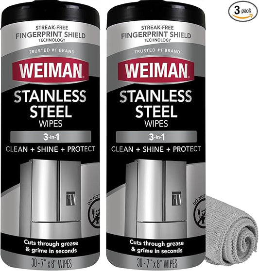 Weiman Stainless Steel Cleaner and Polish Wipes Bundle with Microfiber Cloth-Removes Fingerprints, Water Marks and Grease from Appliances - Works Great on Refrigerators, Ovens, and Grills