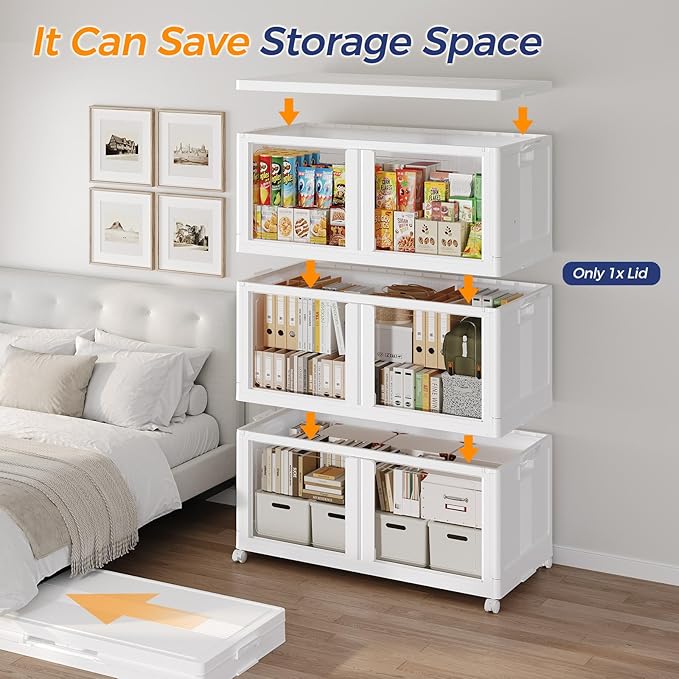 600Qt Stackable Storage Bins with Lid and Wheels, 150Gal Plastic Closet Organizer and Storage Drawer, Large Collapsible Storages Box Cabinet with Clear Door for Home Kitchen, 3Pack White