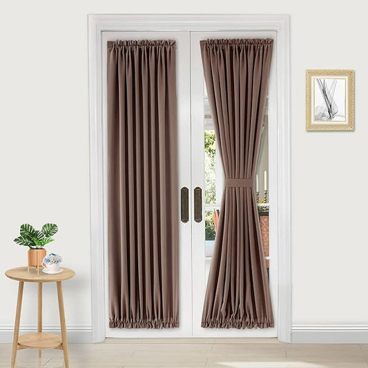 DWCN French Door Curtains – Rod Pocket Thermal Blackout Curtain for Doors with Glass Window, Kitchen and Patio Doors for Privacy, 23 X 72 Inches Long, 1 Curtain Panel with Tieback，Khaki