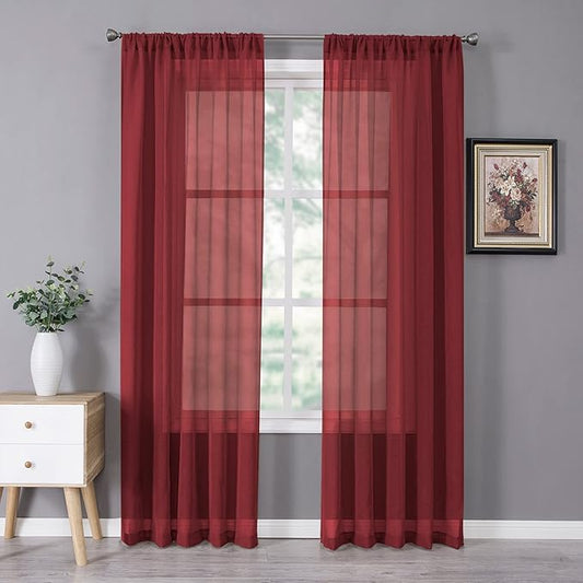 Tollpiz Sheer Curtains Bedroom Linen Textured Curtain Sheers Light Filtering Voile Rod Pocket Curtains for Living Room, 38 x 84 inches Long, Burgundy Red, Set of 2 Panels