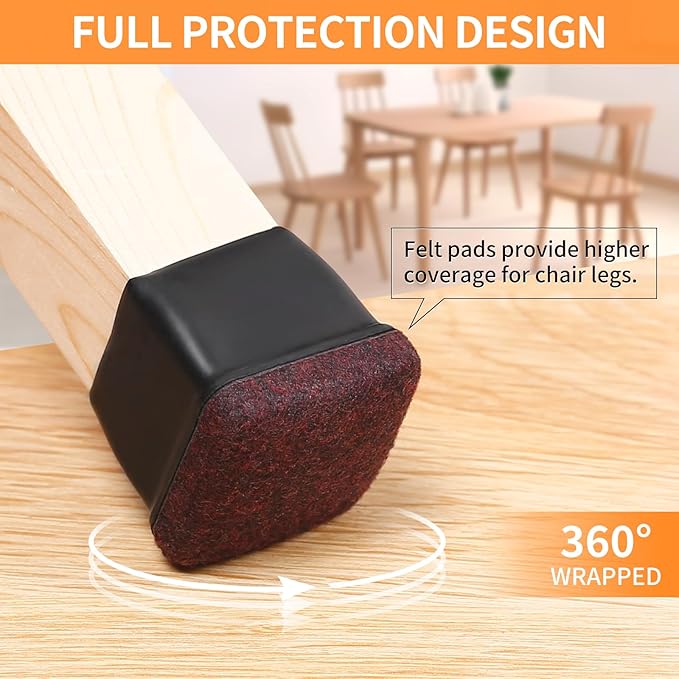 Ezprotekt 24 Pcs Square Chair Leg Floor Protectors with Felt, Silicone Felt Furniture Pads for Hardwood Floor, Dining Table Leg Caps Covers No Scratches and Noise (L Fit: 1" - 1.4", Black)