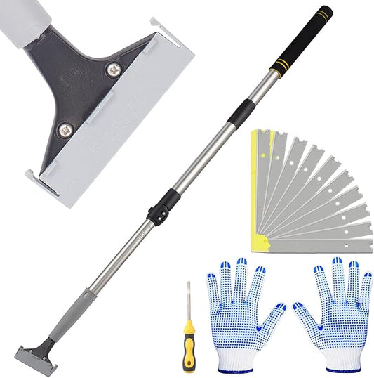 Floor Scraper Telescopic, 38 to 52in 4Inch Razor Blade Floor Scrapers Long Handle Heavy Duty Extension Pole Metal Paint Scraper with 10PCS Extra Metal Blades Paint Scraper (Gray, 4Feet)