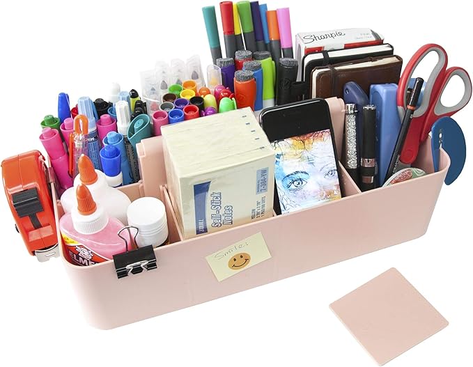 2 PACK - Portable DIY 8 Dividers Durable Plastic Organizer Tote Tool Home Office School Toy Arts Craft Pencil Kids Baby & Supply Cleaning Caddy with Handle Made In USA (Indie Pink)