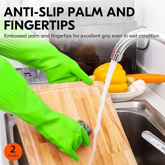 Vgo 2-Pairs Dishwashing Gloves, Reusable Household Gloves, Long Sleeve, Thick Latex, Cleaning, Washing, Working, Painting, Gardening, Pet Care (Size M, Green, RB2143)