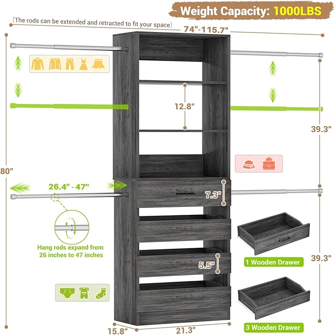 Aheaplus Closet System, 4-9 Ft Closet Organizer with 4 Wooden Drawers, Wood Closet Organizer System with Tower, Walk-in Closet Organizer Wardrobe Clothes Rack with 4 Hanging Rods, Black Oak