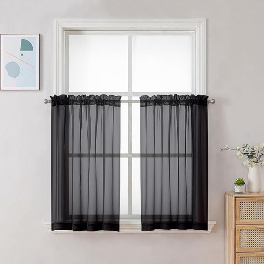 Chyhomenyc Black Sheer Tier Curtains 24 Inch Length, Small Window Curtains Treatment for Bathroom/Living Room/Cafe/Basement, Short Voile Curtain Tiers, 42W x 24L, Rod Pocket, 2 PCS