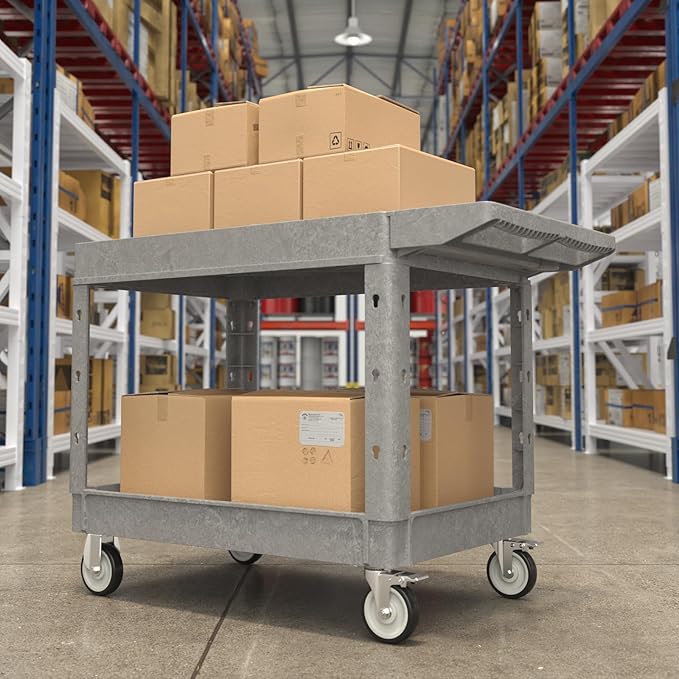 Heavy Duty Flat Top Utility Cart with Wheels 2-Tier Utility Plastic Service Work Cart for Shop, Garage, Warehouse, Maintenance 550 lbs