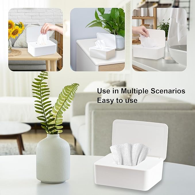 2Pcs Diaper Wipes Dispenser, Refillable Wipe Container, Wipe Container with Sealing Design Lid, Keep Wipes Fresh,Wet Wipes Cases (White and White)