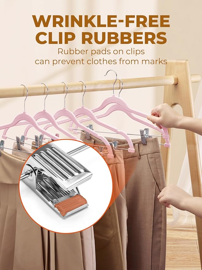 HOUSE DAY Velvet Skirt Hangers - Pink Velvet with Adjustable Clips, Space Saving, Slim, Heavy Duty and Non Slip for Pants, Skirts, Shorts - 24 Pack