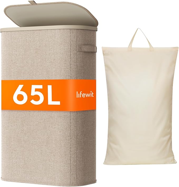 Lifewit 65L Slim Laundry Basket with Lid, Narrow Large Laundry Hamper with Plastic Handles and Removable Bag, Tall Foldable Dirty Clothes Hampers for Laundry Room, Bedroom, Bathroom, Dorm, Beige