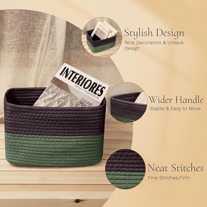 Hopegiver Woven Storage Baskets 11x8x7 Inch, 3 Pack Collapsible Cube Storage Bin for Shelves - Foldable Cotton Rope Organizer Bins for Towels, Toys, Books, Closet, Nursery (Brown Green)