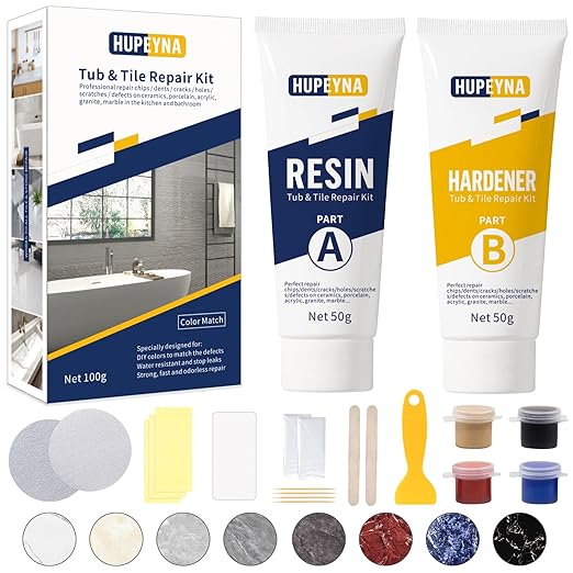 Tub, Tile and Shower Repair Kit (Color Match), Hupeyna Porcelain Repair Kit, Bathtub Repair Kit for Chips Dents Cracks Holes Scratchs, etc. Fiberglass Repair Kit (More Color)