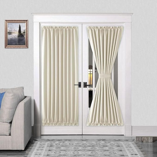 DWCN French Door Curtains – Rod Pocket Thermal Blackout Curtain for Doors with Glass Window, Kitchen and Patio Doors for Privacy, 54 X 72 Inches Long, 1 Curtain Panel with Tieback, Light Beige