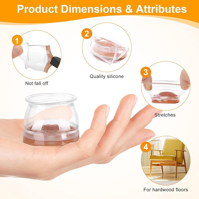 CHUNZEXI 24 Pack Chair Leg Floor Protectors for Hardwood Floors, Silicone Felt Covers Pads Caps, Protect Wood Furniture Feet Floors Noise Reduce and Scratch (Universal Small & Clear)