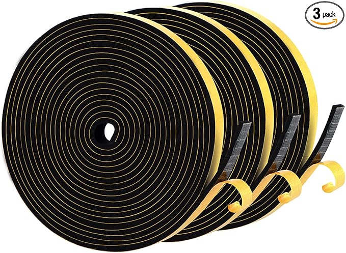 Weather Stripping Soundproof 1/2 in x 1/8 in, Door Seal Strip High Density, Weatherproof Insulation Foam Tapes for Windows, 3 Rolls Total 49.5Ft