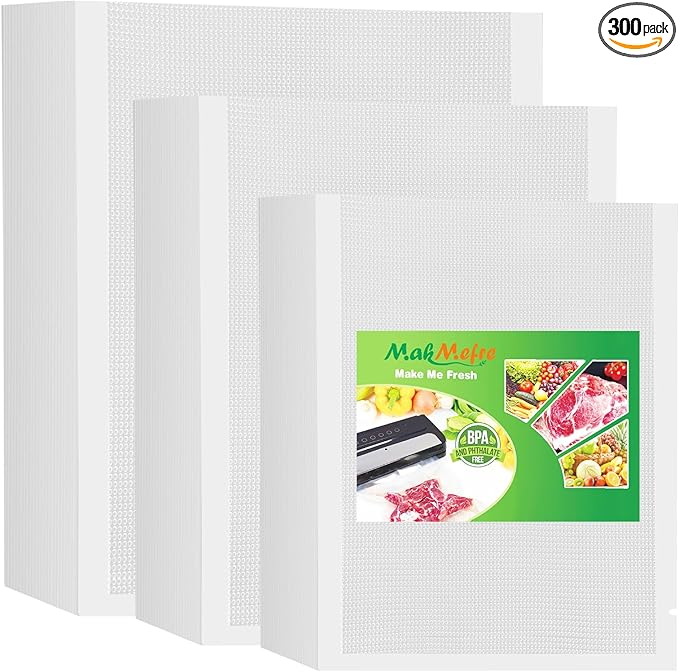 MakMeFre 300 Bags 100 of Each Size Plus Quart 10"x13" and Quart 8"x12" and Pint 6"x10" BPA Free Sous Vide Seal a Meal Commercial Grade Vacuum Seal PreCut Combo Pack Bag