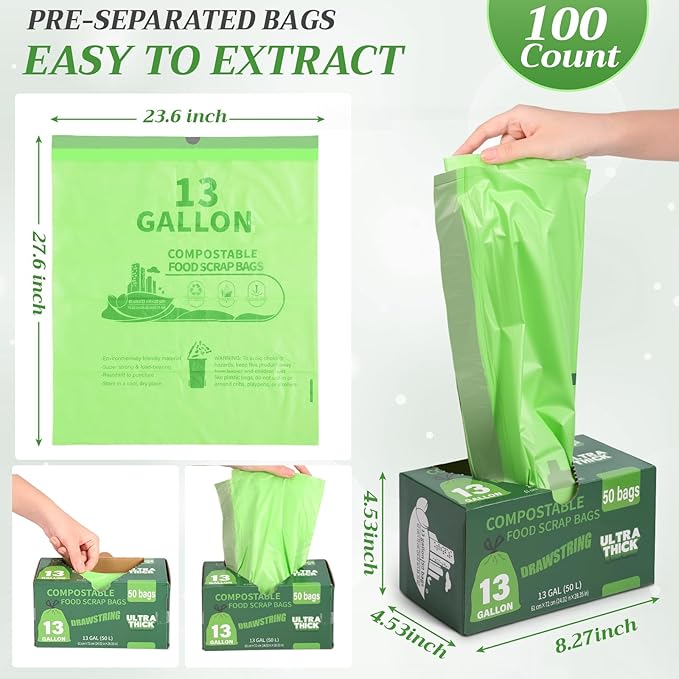 Amyhill 100 Count Compostable Kitchen Trash Bags 13 Gallon Compostable Drawstring Kitchen Waste Garbage Bags 49.2 Liter, 1.575 Mil for Bathroom Home Bedroom Office Garbage