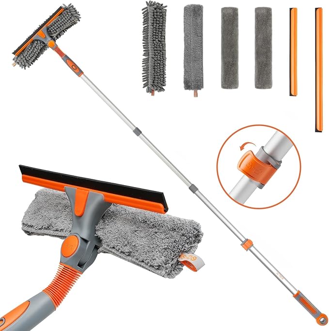 Eazer 2-in-1 Window Cleaner Tool, 64'' Window Squeegee for Home, Window Cleaning Squeegee Kit with Telescopic Pole, Window Washing Kit with Rotatable Bendable Head(Threaded + Telescopic)