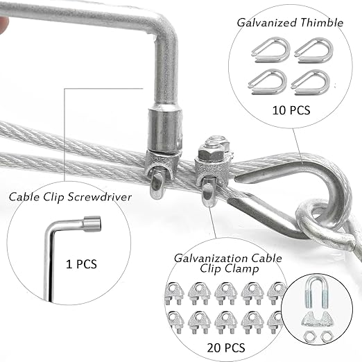 3/16" Wire Rope Kit, 100Ft PVC Coated Steel Cable Guide Wire Tensioner Strainer Kit w/ 7×7 Strand Core Steel Wire for String Light Hanging Kit/Decking & Stair Railings/Shade Sails/Clothes Line